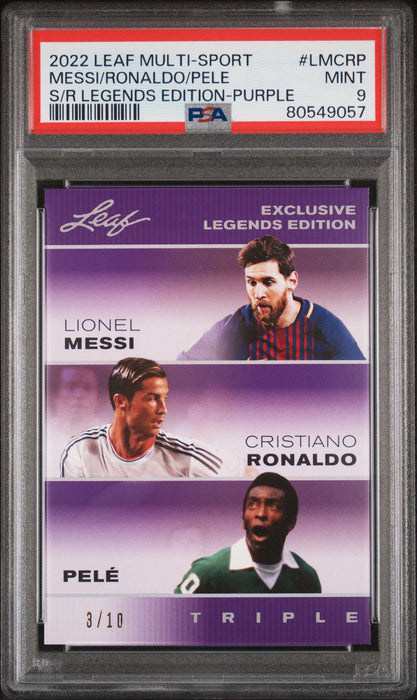 PSA 9 Pele Lionel Messi Cristiano Ronaldo 2022 Leaf #LMCRP The Triple Purple #3/10 Rare Trading Card