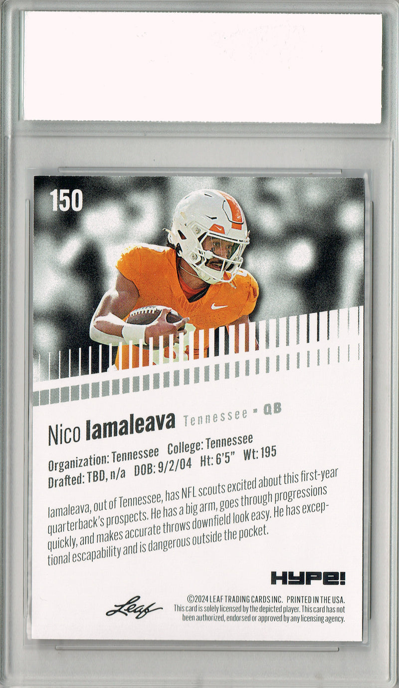 Nico Iamaleava Rookie Card Tennessee / UCLA PGI 10 Gem Mint Football Trading Card 2024 Leaf HYPE! #150 Orange Shimmer 1/1