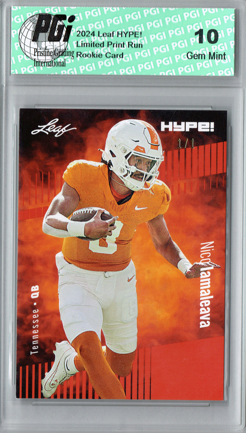 Nico Iamaleava Rookie Card Tennessee / UCLA PGI 10 Gem Mint Football Trading Card 2024 Leaf HYPE! #150 Orange Blank Back 1/1