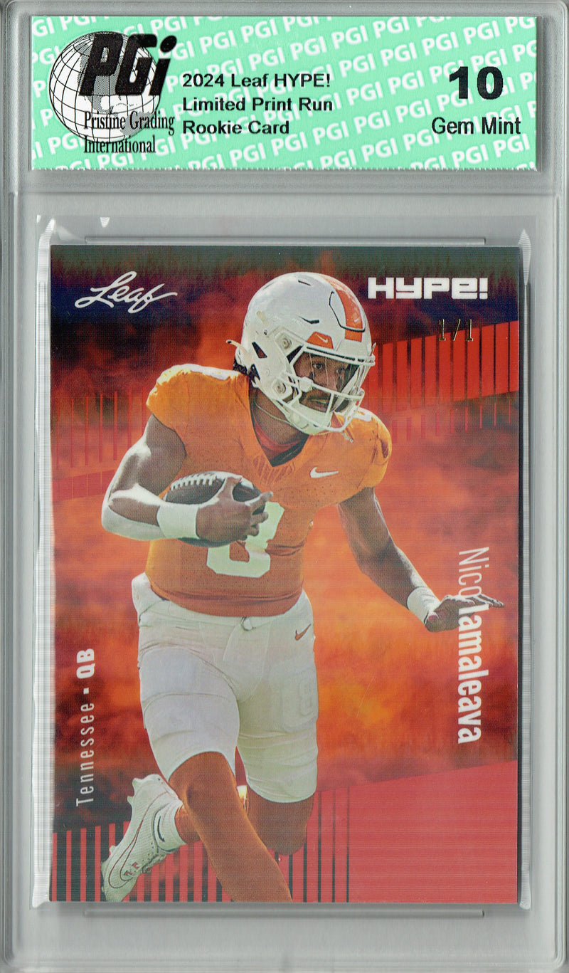 Nico Iamaleava Rookie Card Tennessee / UCLA PGI 10 Gem Mint Football Trading Card 2024 Leaf HYPE! #150 Orange Shimmer 1/1
