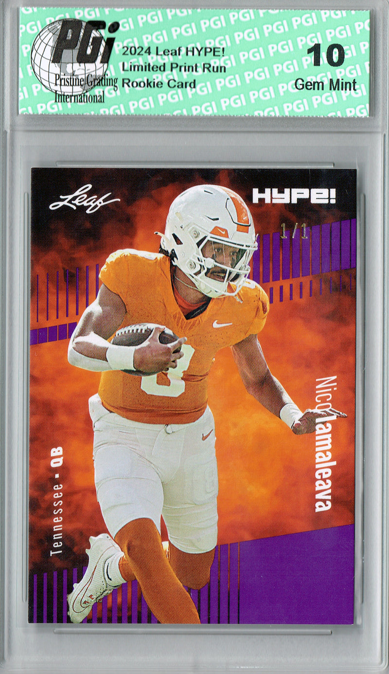 Nico Iamaleava Rookie Card Tennessee / UCLA PGI 10 Gem Mint Football Trading Card 2024 Leaf HYPE! #150 Purple Blank Back 1/1