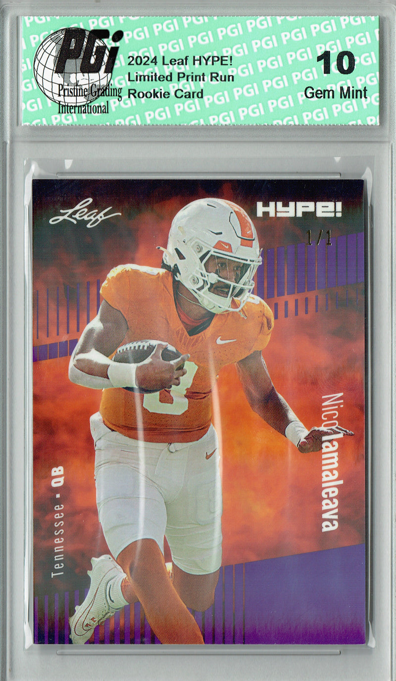 Nico Iamaleava Rookie Card Tennessee / UCLA PGI 10 Gem Mint Football Trading Card 2024 Leaf HYPE! #150 Purple Shimmer 1/1