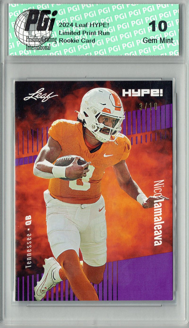 Nico Iamaleava Rookie Card Tennessee / UCLA PGI 10 Gem Mint Football Trading Card 2024 Leaf HYPE! #150 Purple SP 10 Made