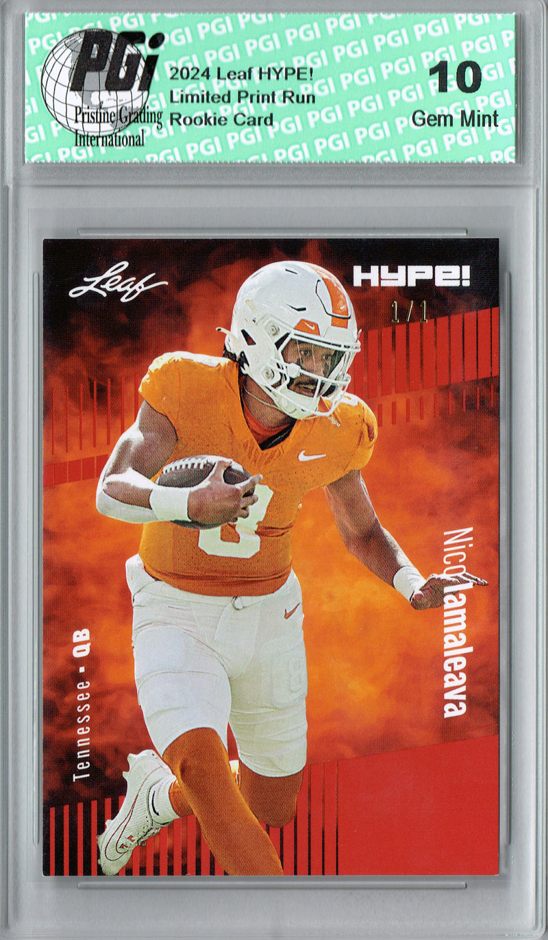Nico Iamaleava Rookie Card Tennessee / UCLA PGI 10 Gem Mint Football Trading Card 2024 Leaf HYPE! #150 Red Blank Back 1/1
