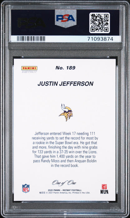 PSA 10 GEM-MT Justin Jefferson 2020 Panini Instant #189 Rookie Card Black Masterpiece 1/1