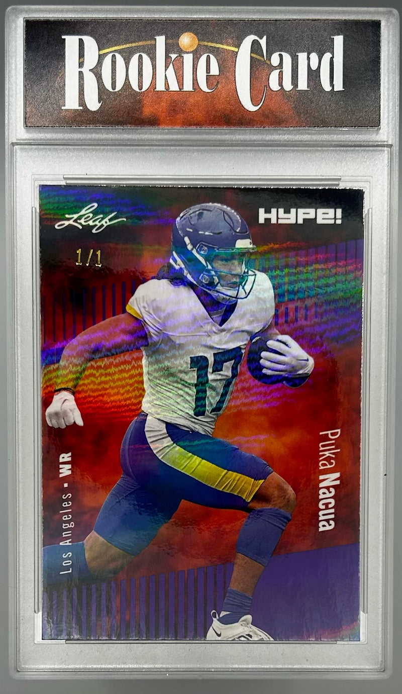 Puka Nacua Rookie Card Los Angeles Football Trading Card 2023 Leaf HYPE! #132A Purple Shimmer 1/1  Certified Mint+