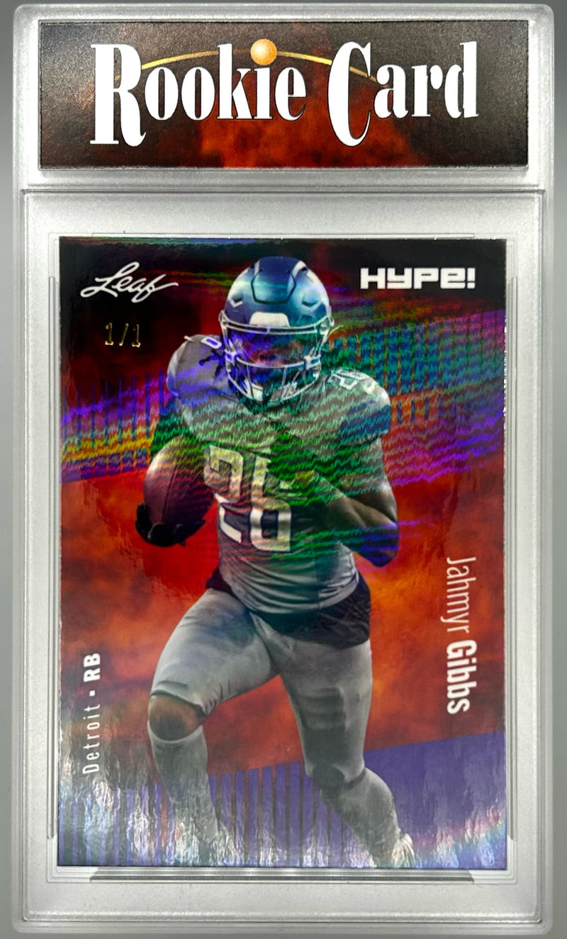 Jahmyr Gibbs Rookie Card Detroit Football Trading Card 2023 Leaf HYPE! #125 Purple Shimmer 1/1  Certified Mint+