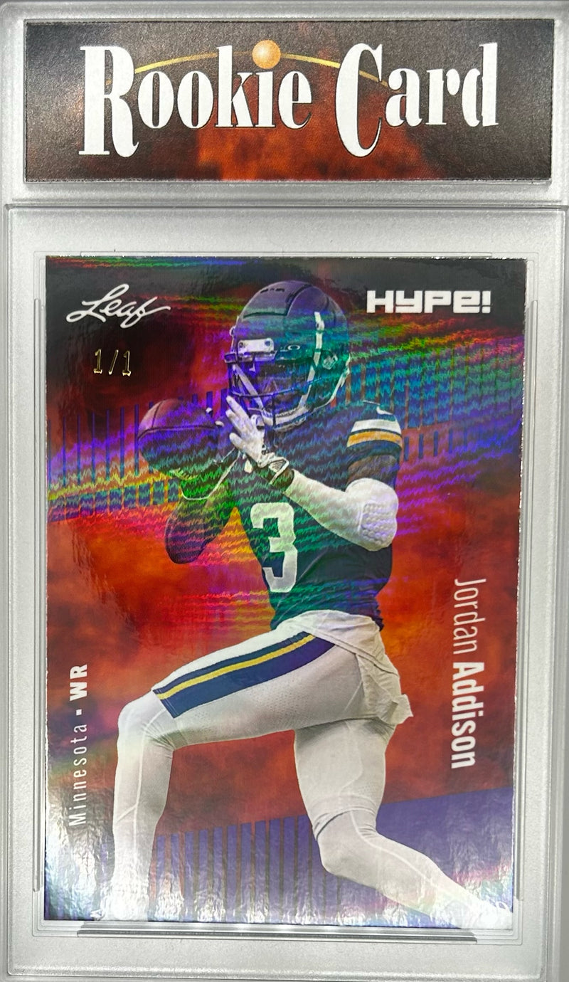 Certified Mint+ Jordan Addison 2023 Leaf HYPE! #127 Purple Shimmer #1/1 Rookie Card Minnesota Vikings