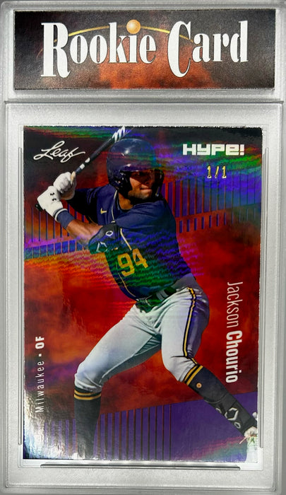 Certified Mint+ Jackson Chourio 2023 Leaf HYPE! #123 Purple Shimmer #1/1 Rookie Card Milwaukee Brewers
