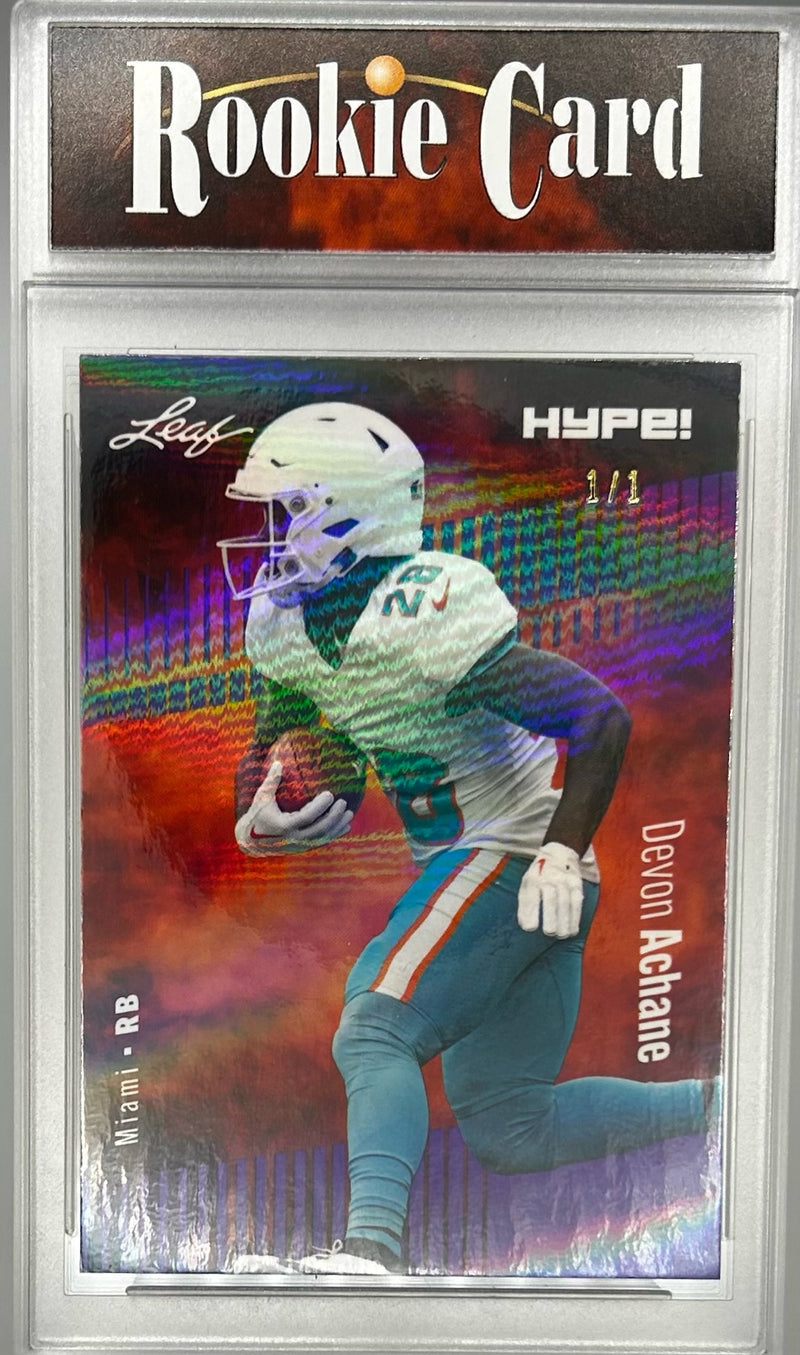 Certified Mint+ Devon Achane 2023 Leaf HYPE! #113 Purple Shimmer #1/1 Rookie Card Miami Dolphins