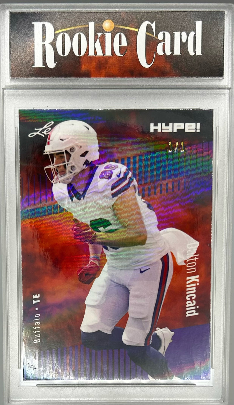 Dalton Kincaid Rookie Card Buffalo Football Trading Card 2023 Leaf HYPE! #111 Purple Shimmer 1/1  Certified Mint+