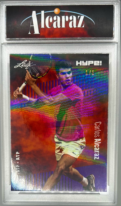 Certified Mint+ Carlos Alcaraz 2023 Leaf HYPE! #108 Purple Shimmer #1/1 Rare Trading Card