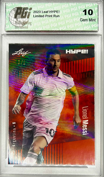 Lionel Messi 2023 Leaf HYPE! #130a Orange Shimmer #1/1 Rare Trading Card PGI 10