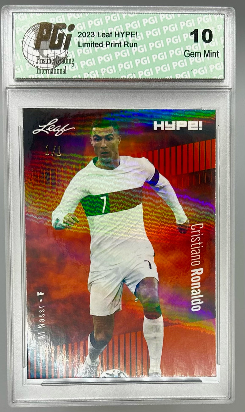 Cristiano Ronaldo 2023 Leaf HYPE! #110a Orange Shimmer #1/1 Trading Card PGI 10