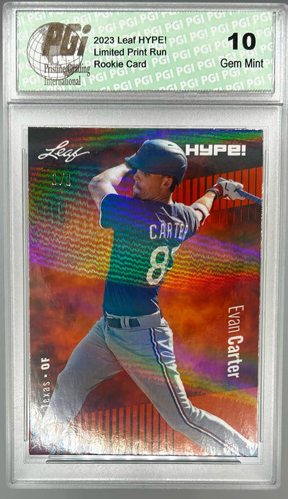 Evan Carter 2023 Leaf HYPE! #120 Orange Shimmer #1/1 Rookie Card PGI 10