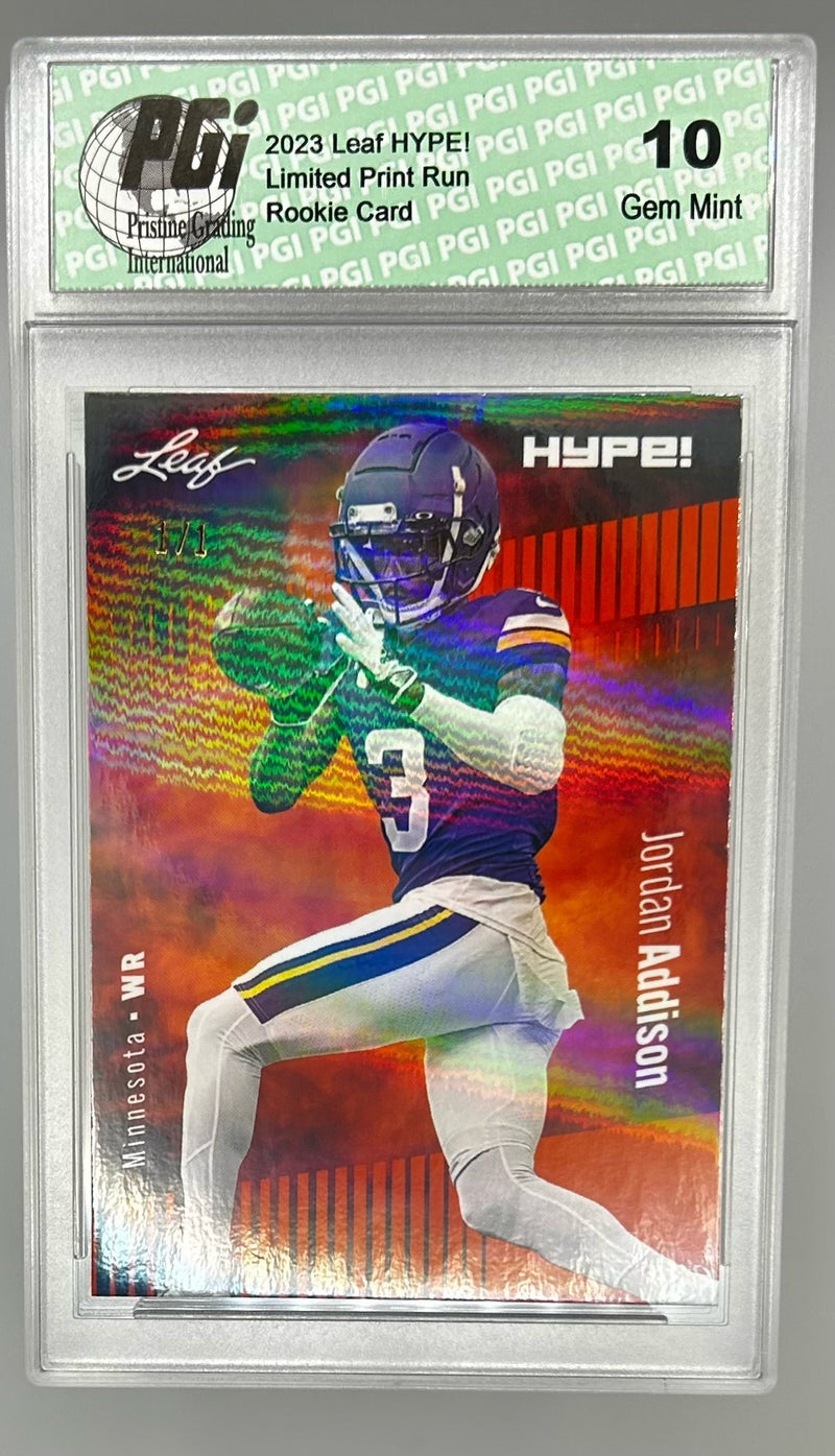 Jordan Addison Rookie Card Minnesota PGI 10 Gem Mint Football Trading Card 2023 Leaf HYPE! #127 Orange Shimmer 1/1