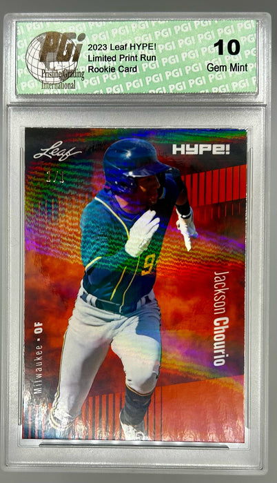 Jackson Chourio 2023 Leaf HYPE! #123a Orange Shimmer #1/1 Rookie Card PGI 10