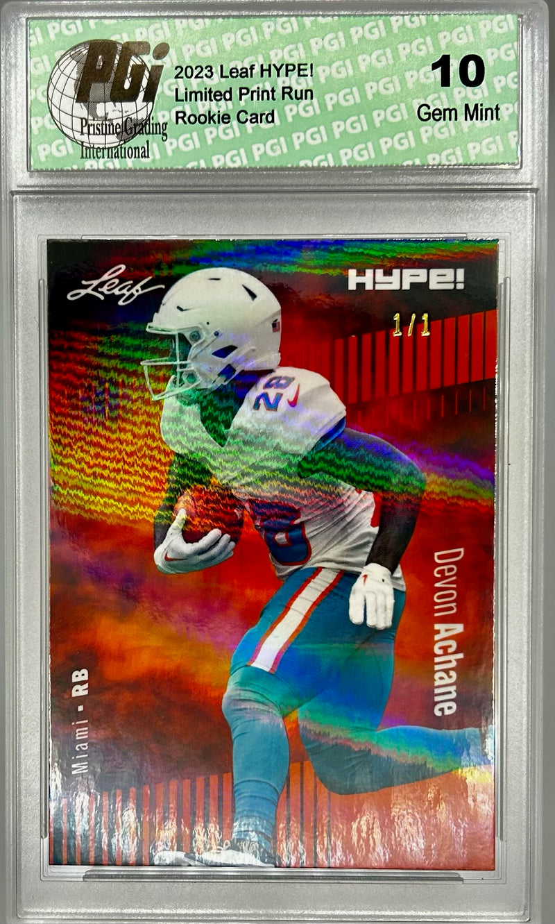 Devon Achane Rookie Card Miami PGI 10 Gem Mint Football Trading Card 2023 Leaf HYPE! #113 Orange Shimmer 1/1