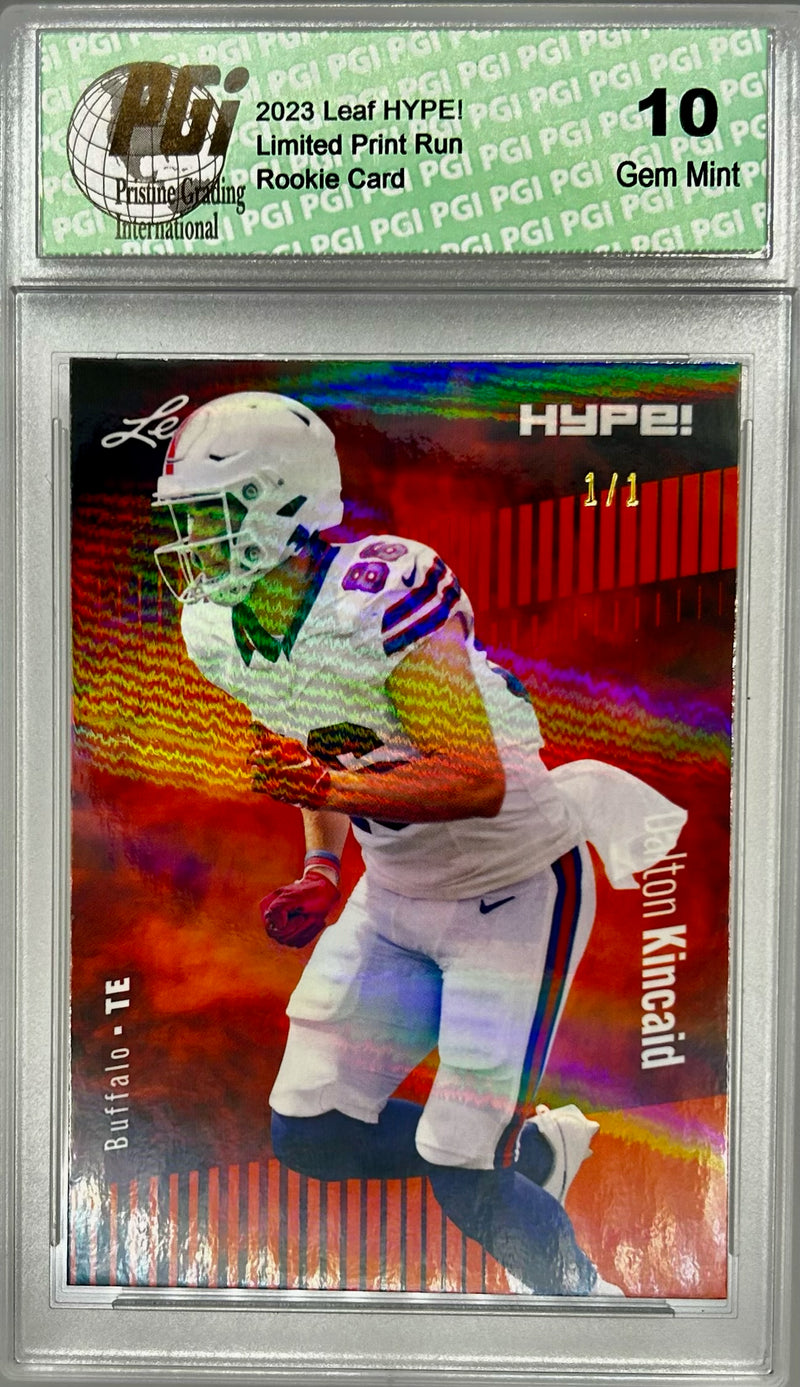 Dalton Kincaid Rookie Card Buffalo PGI 10 Gem Mint Football Trading Card 2023 Leaf HYPE! #111 Orange Shimmer 1/1