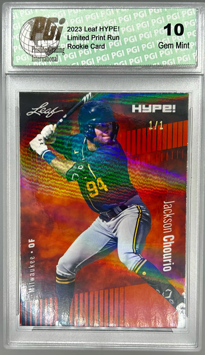 Jackson Chourio 2023 Leaf HYPE! #123 Orange Shimmer #1/1 Rookie Card PGI 10
