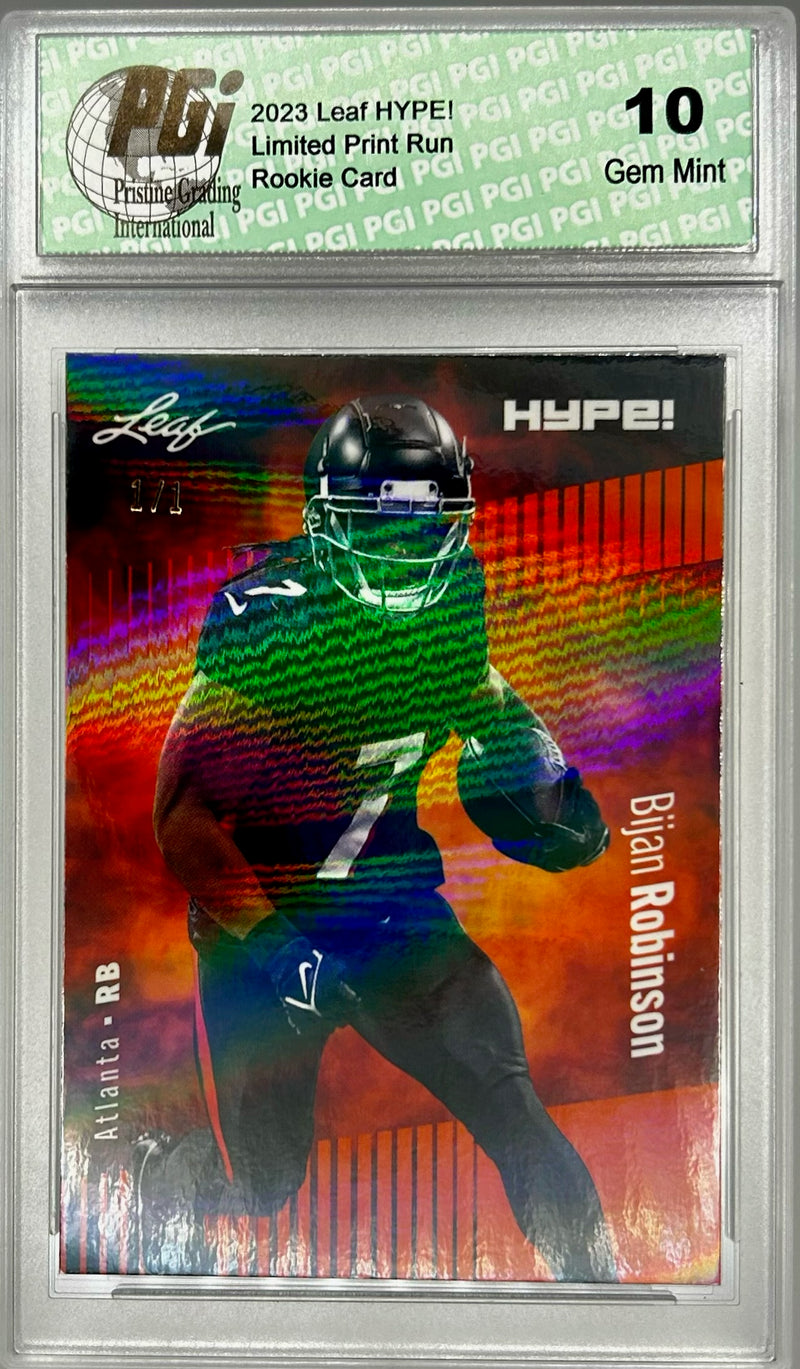 Bijan Robinson Rookie Card Atlanta PGI 10 Gem Mint Football Trading Card 2023 Leaf HYPE! #102 Orange Shimmer 1/1