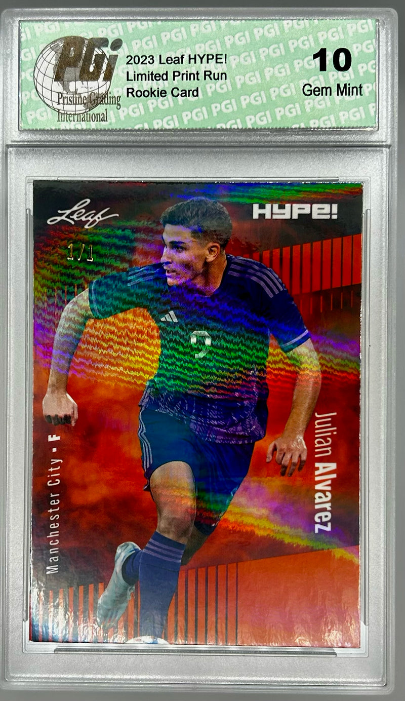Julian Alvarez 2023 Leaf HYPE! #129 Orange Shimmer #1/1 Rookie Card PGI 10