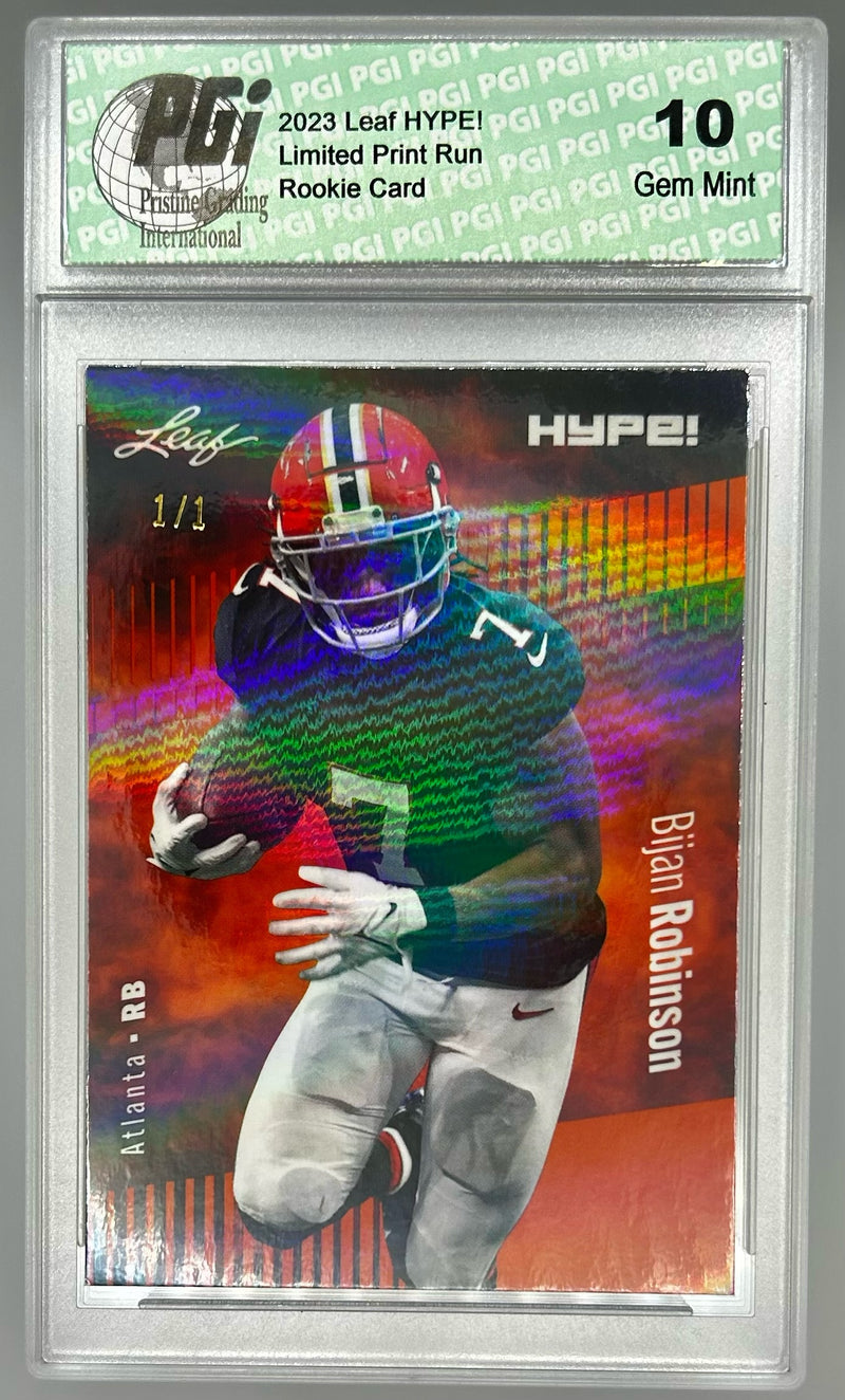 Bijan Robinson Rookie Card Atlanta PGI 10 Gem Mint Football Trading Card 2023 Leaf HYPE! #102A Orange Shimmer 1/1