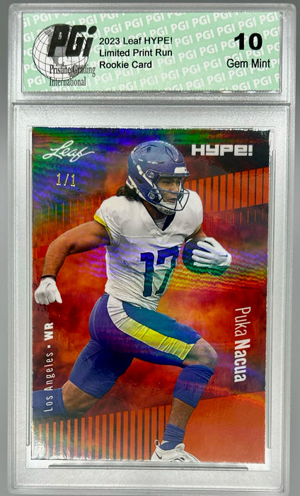 Puka Nacua 2023 Leaf HYPE! #132A Orange Shimmer #1/1 Rookie Card PGI 10