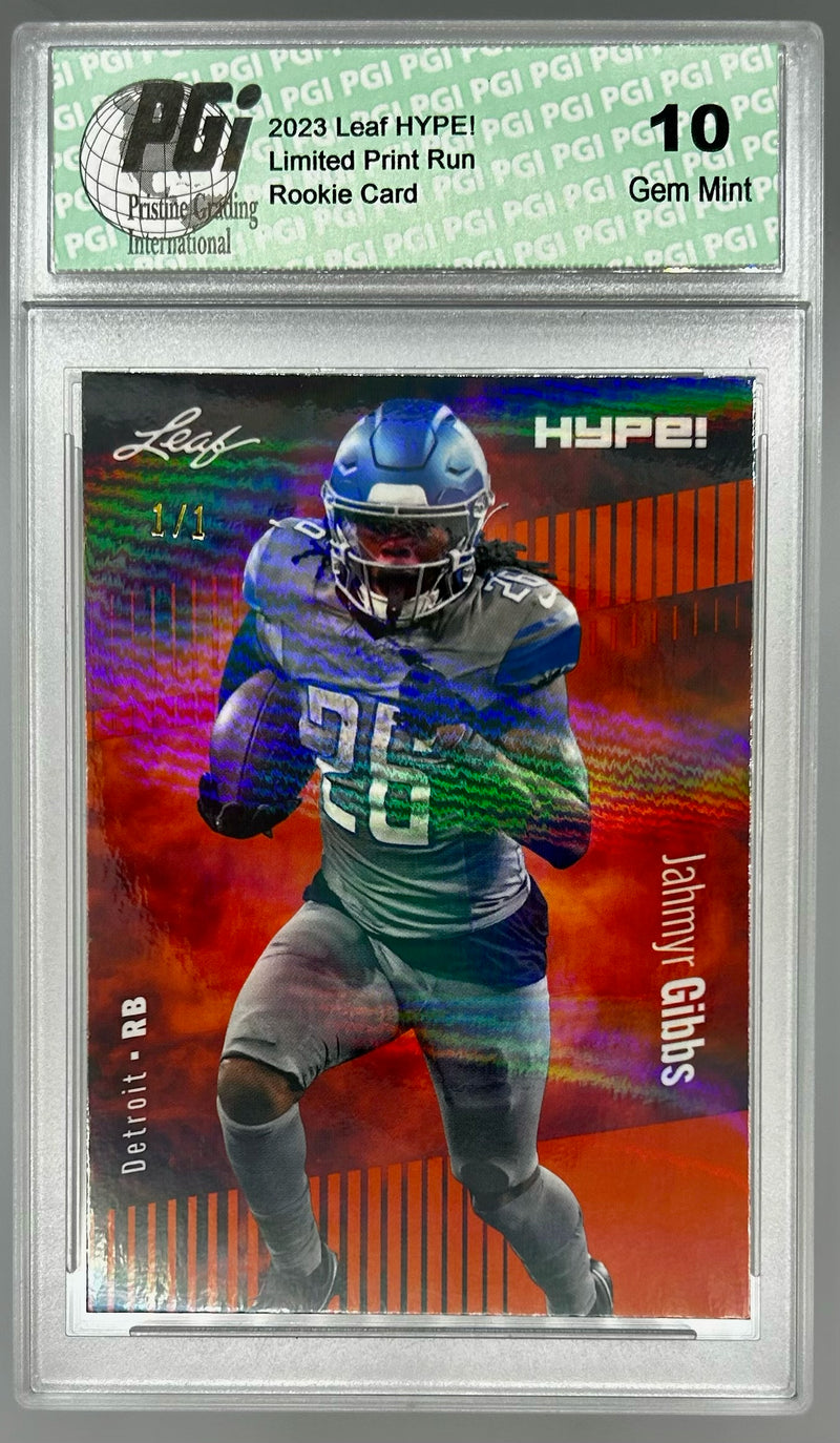 Jahmyr Gibbs Rookie Card Detroit PGI 10 Gem Mint Football Trading Card 2023 Leaf HYPE! #125 Orange Shimmer 1/1