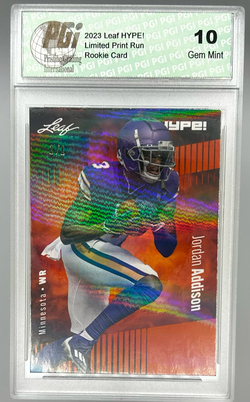 Jordan Addison Rookie Card Minnesota PGI 10 Gem Mint Football Trading Card 2023 Leaf HYPE! #127A Orange Shimmer 1/1