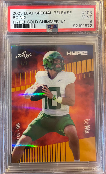 PSA 9 Bo Nix 2023 Leaf Hype! #103 Gold Shimmer 1/1 Rookie Card