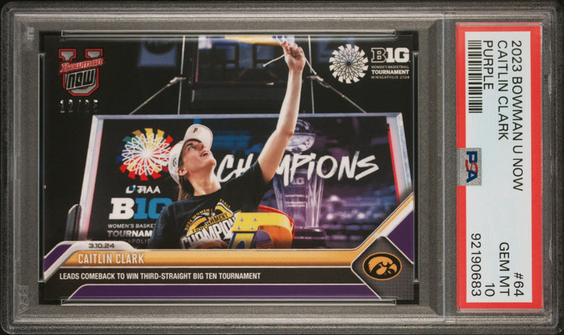 PSA 10 Caitlin Clark 2023 Bowman University Now #64 Purple SP #12/25 Rookie Card Indiana Fever
