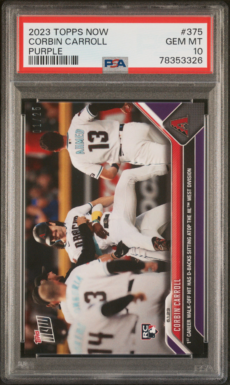 Corbin Carroll PSA 10 2023 Topps Now #375 Rookie Card Purple SP #1/25