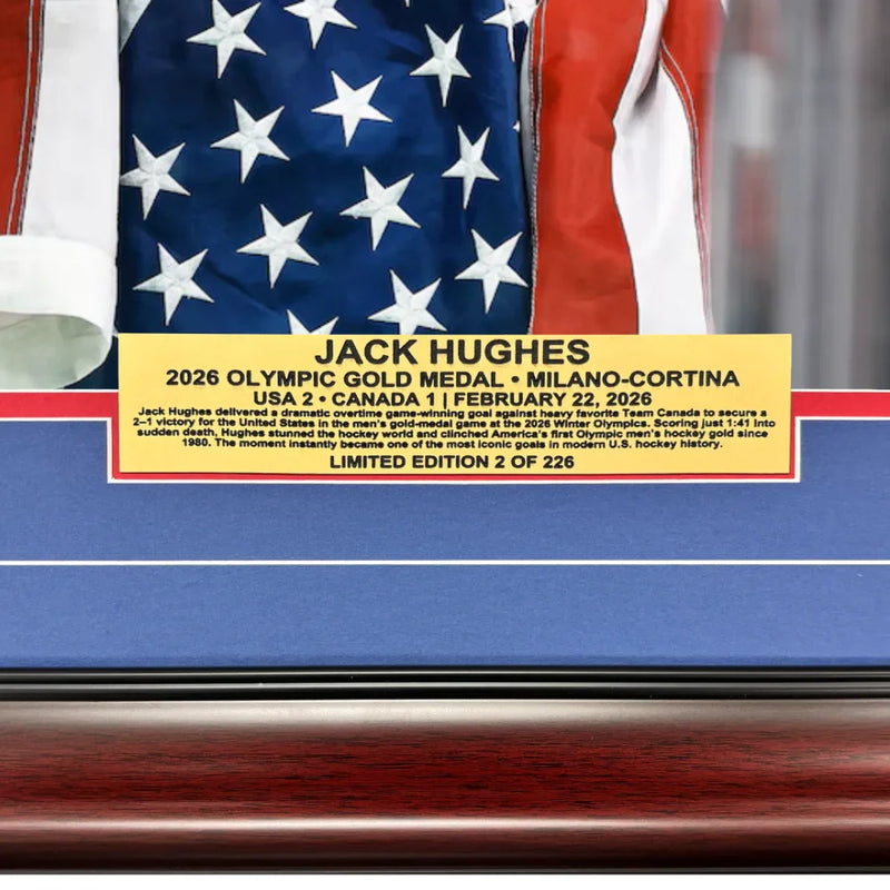 Jack Hughes Signed 2026 Team USA Olympics Flag Tooth 16x20 Photo Framed #D/226