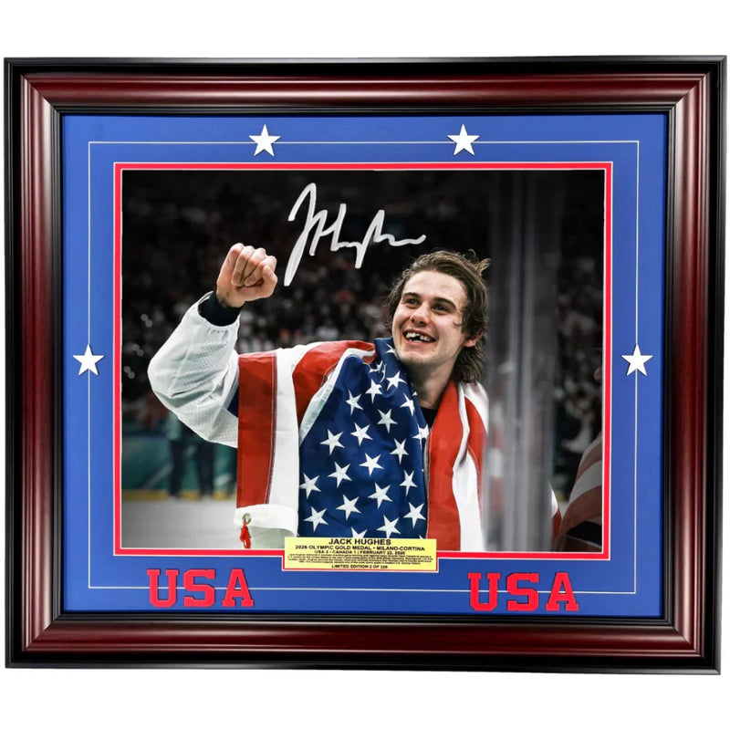 Jack Hughes Signed 2026 Team USA Olympics Flag Tooth 16x20 Photo Framed #D/226