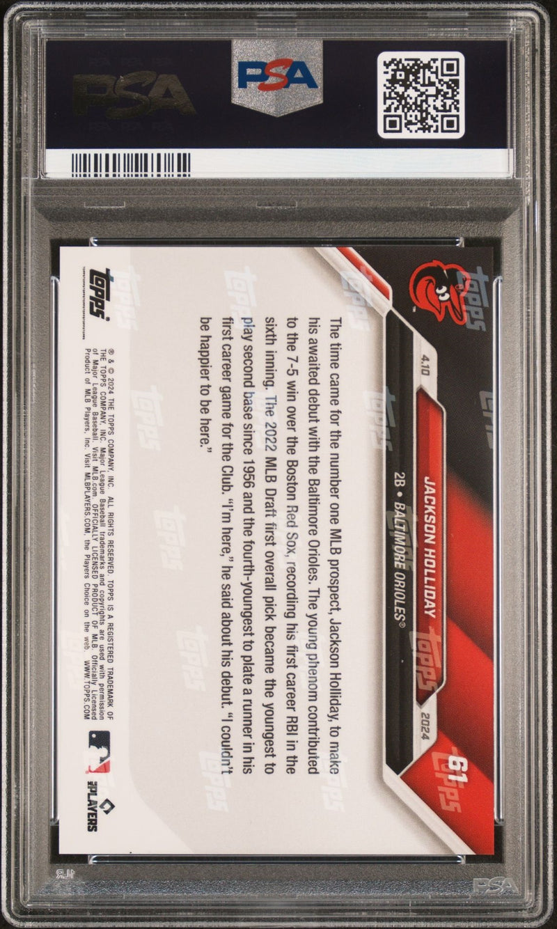 PSA 10 Jackson Holliday 2024 Topps Now #61 MLB Debut, 1st RBI Rookie Card Baltimore Orioles