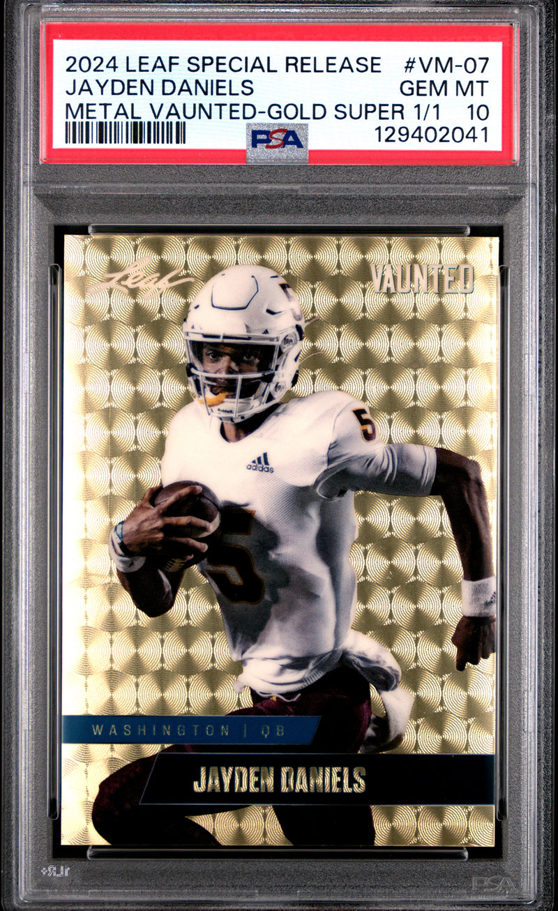 PSA 10 Jayden Daniels 2024 Leaf Vaunted Metal #VM-07 Gold Superprismatic 1/1 Rookie Card Washington Commanders