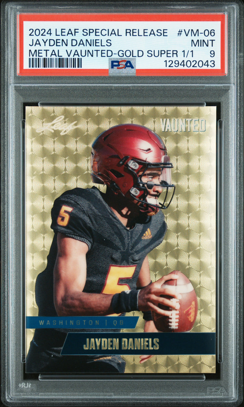 PSA 9 Jayden Daniels 2024 Leaf Vaunted Metal #VM-06 Gold Superprismatic 1/1 Rookie Card Washington Commanders