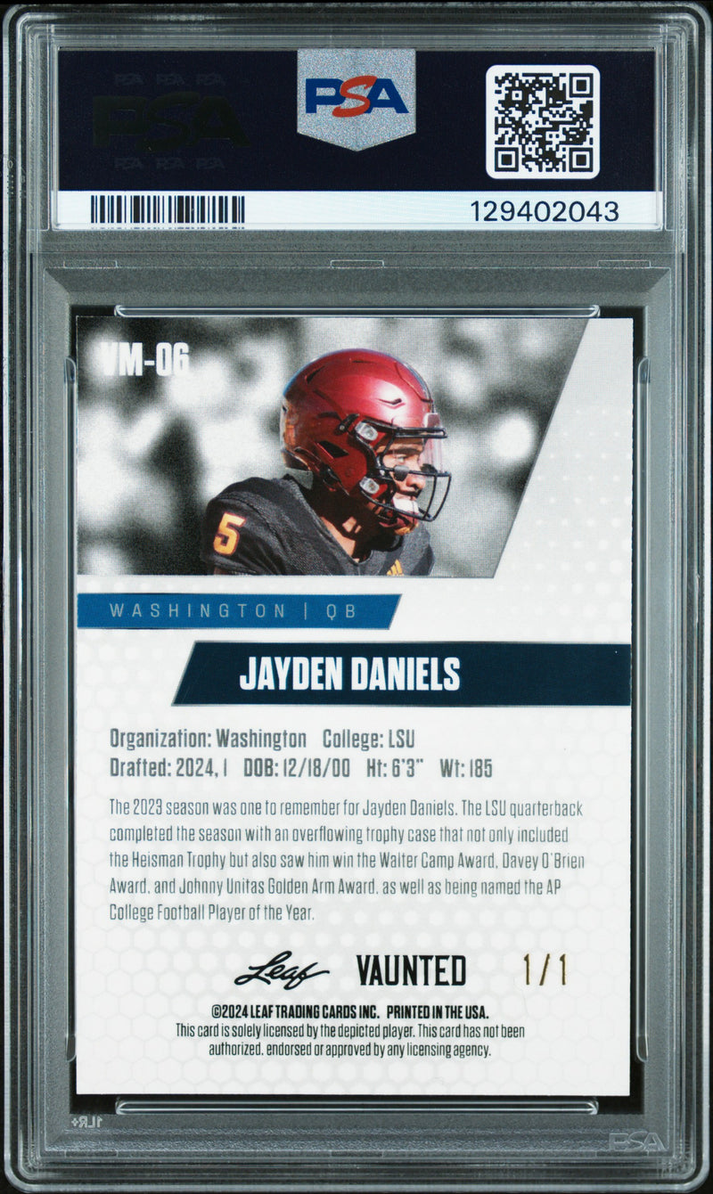 PSA 9 Jayden Daniels 2024 Leaf Vaunted Metal #VM-06 Gold Superprismatic 1/1 Rookie Card Washington Commanders