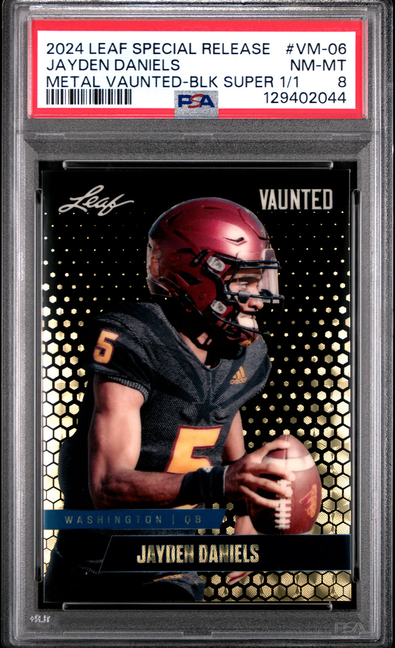 PSA 8 Jayden Daniels 2024 Leaf Vaunted Metal #VM-06 Black Superprismatic 1/1 Rookie Card Washington Commanders