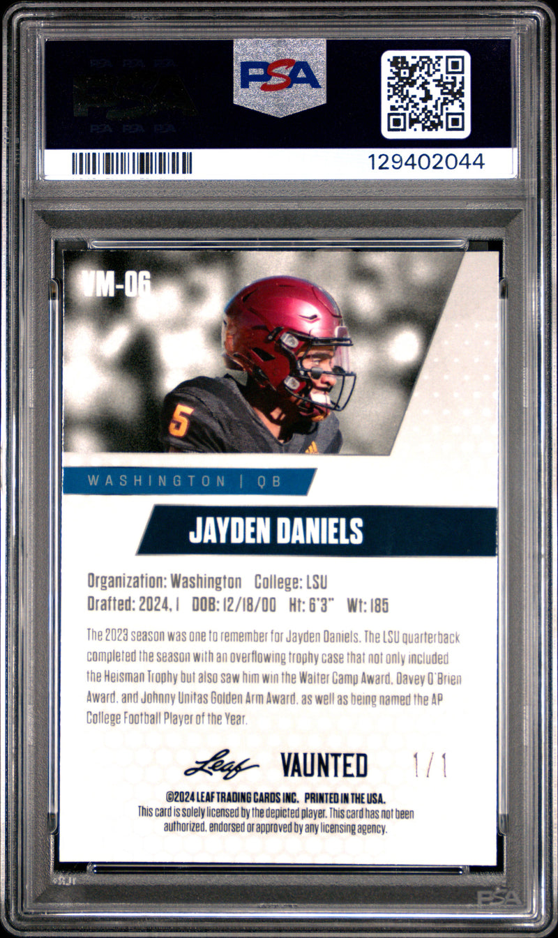PSA 8 Jayden Daniels 2024 Leaf Vaunted Metal #VM-06 Black Superprismatic 1/1 Rookie Card Washington Commanders