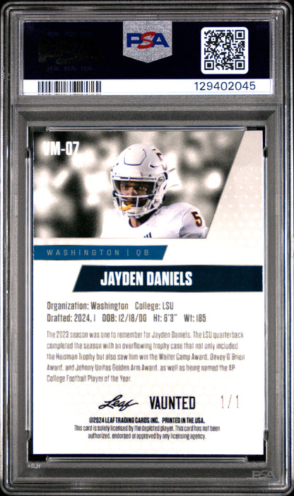 PSA 8 Jayden Daniels 2024 Leaf Vaunted Metal #VM-07 Black Superprismatic 1/1 Rookie Card