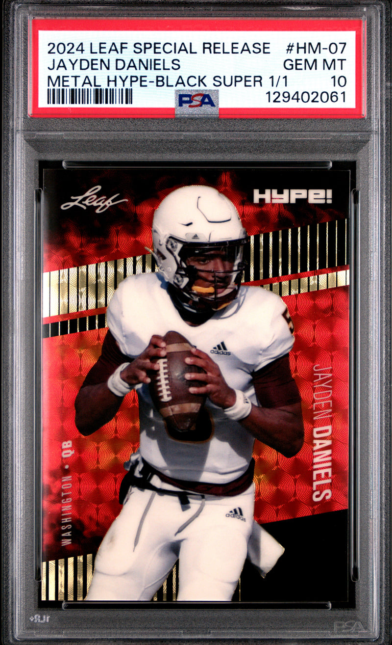 PSA 10 Jayden Daniels 2024 Leaf HYPE! Metal #HM-07 Black Superprismatic 1/1 Rookie Card Washington Commanders