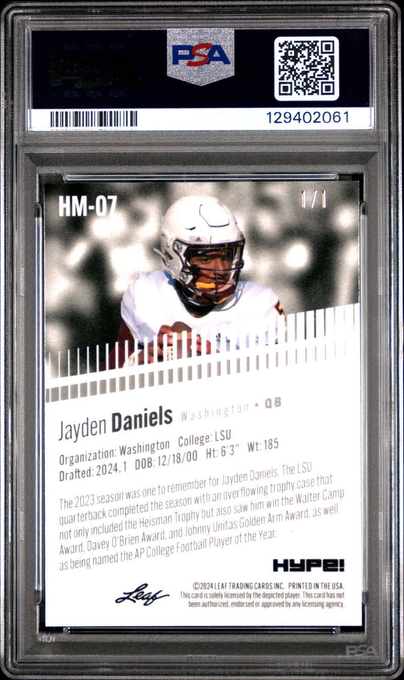 PSA 10 Jayden Daniels 2024 Leaf HYPE! Metal #HM-07 Black Superprismatic 1/1 Rookie Card Washington Commanders