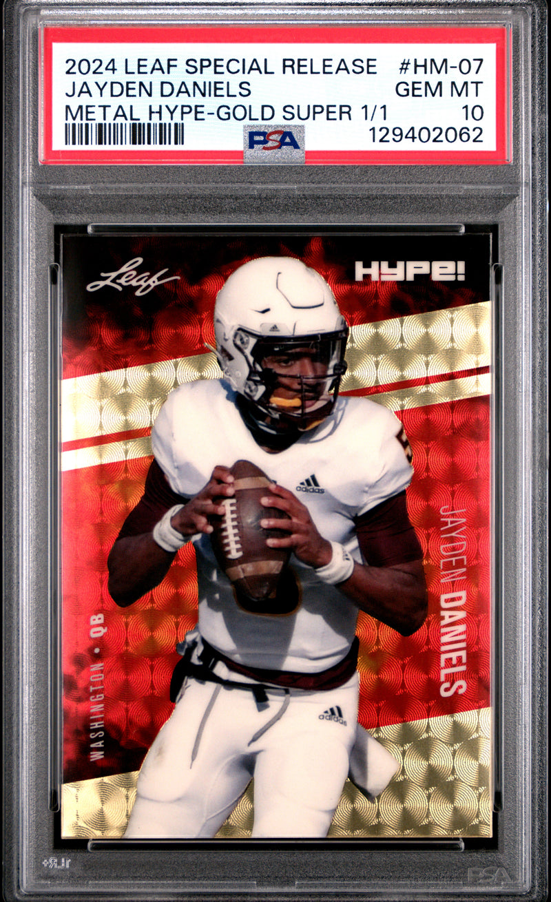 PSA 10 Jayden Daniels 2024 Leaf HYPE! Metal #HM-07 Gold Superprismatic 1/1 Rookie Card Washington Commanders