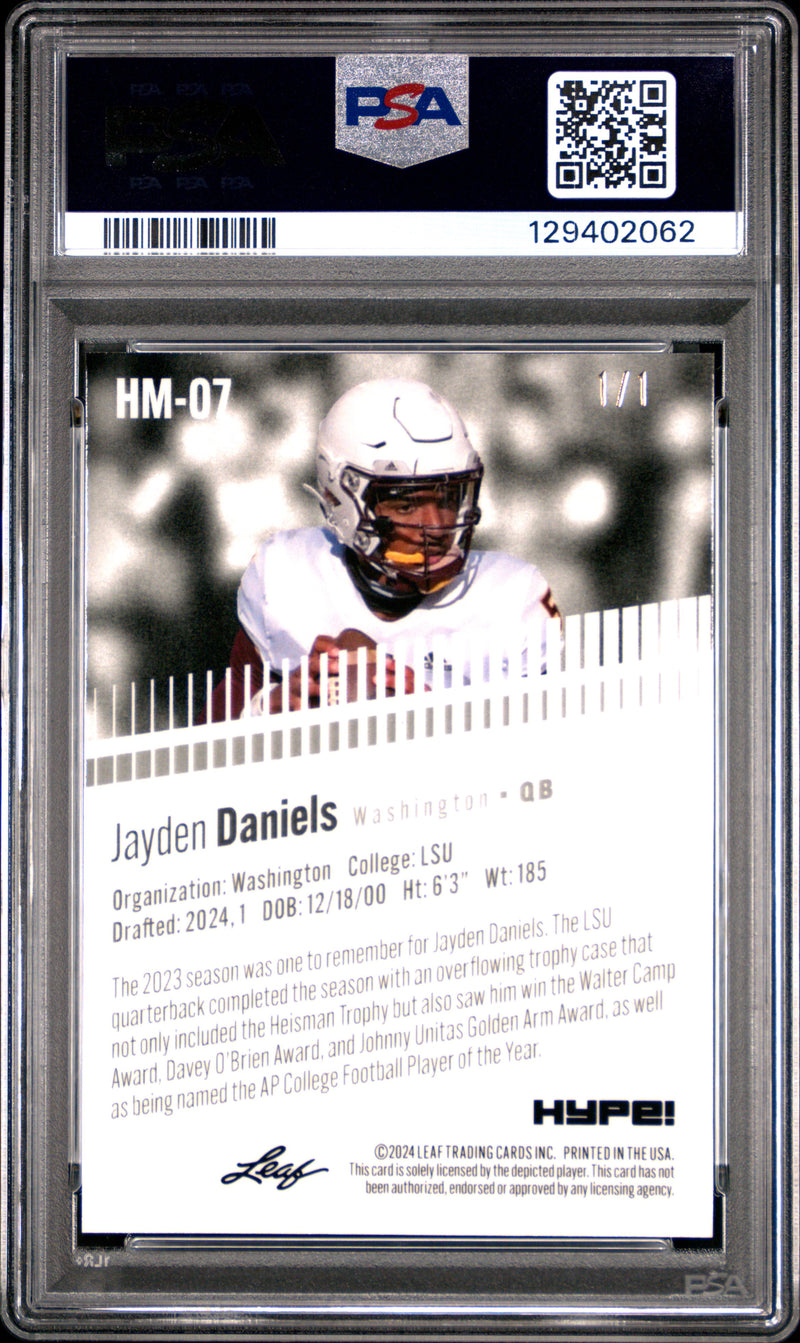PSA 10 Jayden Daniels 2024 Leaf HYPE! Metal #HM-07 Gold Superprismatic 1/1 Rookie Card Washington Commanders