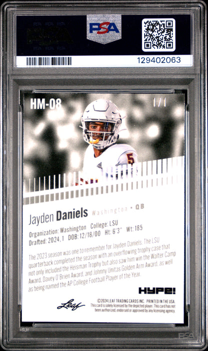 PSA 10 Jayden Daniels 2024 Leaf HYPE! Metal #HM-08 Gold Superprismatic 1/1 Rookie Card