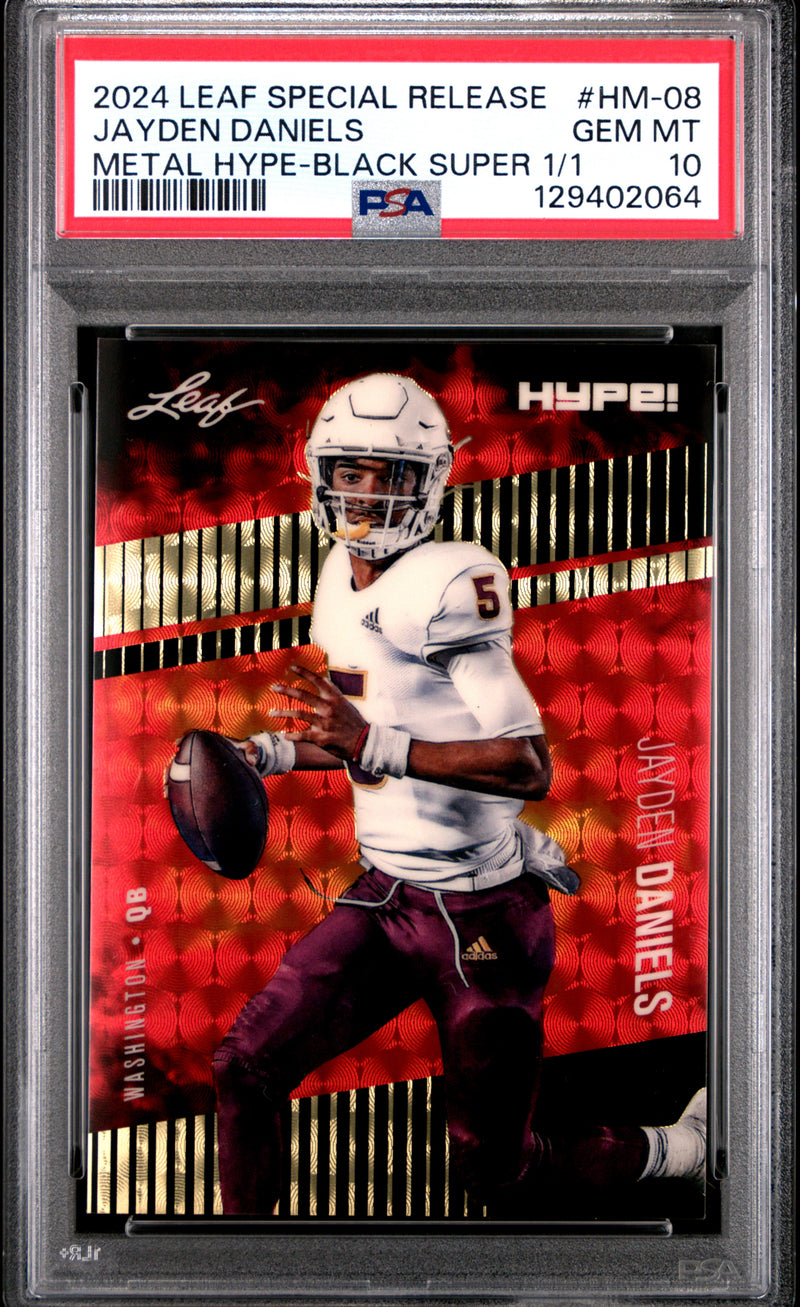 PSA 10 Jayden Daniels 2024 Leaf HYPE! Metal #HM-08 Black Superprismatic 1/1 Rookie Card Washington Commanders