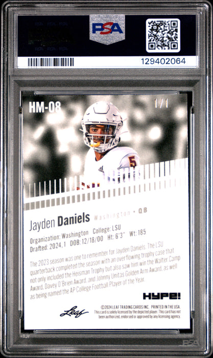 PSA 10 Jayden Daniels 2024 Leaf HYPE! Metal #HM-08 Black Superprismatic 1/1 Rookie Card