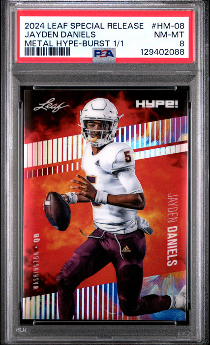 PSA 8 Jayden Daniels 2024 Leaf HYPE! Metal #HM-08 Burst 1/1 Rookie Card